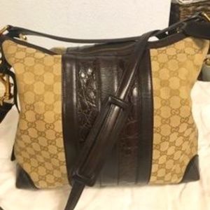 Gucci Beige GG Canvas and Crocodile Trim Leather 'Secret' Medium Hobo Bag